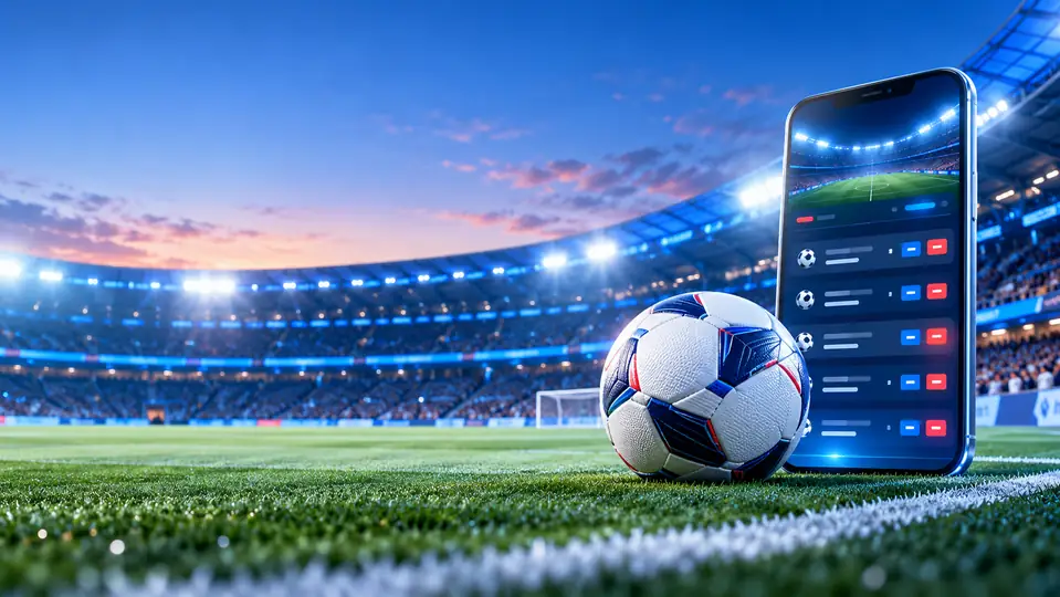 Football and smartphone interface inside a brightly lit stadium